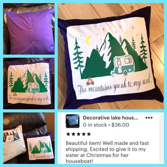 Mountain Camping Pillow Cover, 18x18: Handmade Vintage Camper Teal Purple Decor - Picture 10 of 10